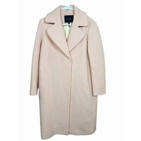 Maje Paris 36/4 Pink Wool Coat Boucle Long Jacket Minimalist Soft Blush Lined - Picture 2 of 16